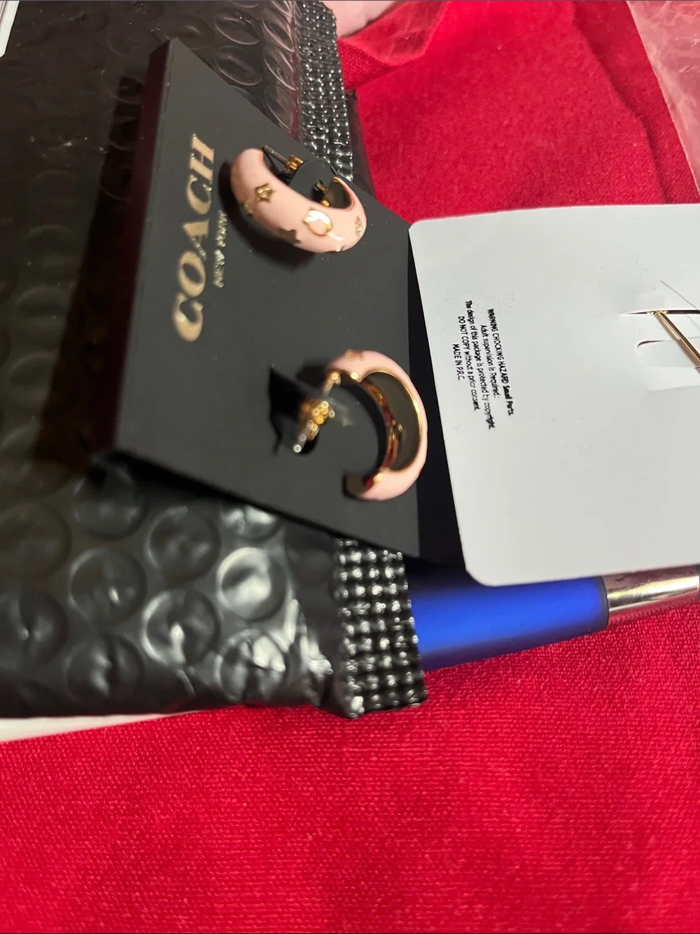 Coach Pink Enamel Crescent Hoop Earrings with Gold Accents